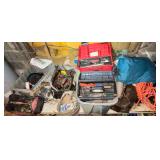 2 PLASTIC TOOL BOXES AND 2 TOOL BAGS W/ CONTENTS TO INCLUDE METAL SNIPS, SCREWDRIVERS, WIRE PLIERS, CLAMPS, 4-POUND HAMMER, CHICKEN FEEDER, PALM SANDER, WIRE, SHOP LIGHT, BRACE AND BIT, FILE, MATTOCK,