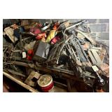 CLIMBING DEER STAND, HAM RADIO PARTS, ASSORTED METAL, RADIATORS, 3 TROLLING MOTORS AS-FOUND, 2 GAS CANS, MOWER PARTS, BRIAR SCYTHE, POLE SAW, 3 DOUBLE-BIT AXE HEADS, 2 MATTOCKS, ETC.