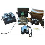 VINTAGE CAMERA & BINOCULAR LOT TO INCLUDE MINOLTA XG1 35MM CAMERA W/ LENS, OLYMPUS OM-1 35MM CAMERA W/ LENS, POLAROID LAND CAMERA AUTOMATIC 230 W/ CASE, SEARS 35MM CAMERA W/ AUTO SEARS 50MM LENS, EXTR