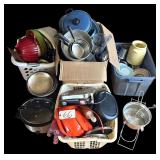 ASSORTED KITCHENWARE TO INCLUDE POTS, PANS, CROCK-POT SLOW COOKER, FOOD MILL, STRAINERS, UTENSILS, CUTTING BOARDS, DISHES, & OTHER KITCHEN ITEMS