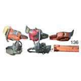 5 ASSORTED CHAINSAWS AS-FOUND (NO BARS), PLASTIC HUSQVARNA BAR & CHAIN COVER
