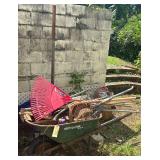 TRUE-TEMPER USA HEAVY-DUTY WHEELBARROW AS-FOUND, OTHER WHEELBARROW AS-FOUND W/ HAND TOOLS TO INCLUDE HEAVY-DUTY HOMEMADE TAMPER, FLAT SHOVELS, SPADE SHOVELS, RAKE, MATTOCK (NO HANDLE), HOES, ETC.