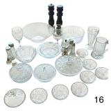 ASSORTMENT OF CLEAR PATTERN GLASSWARE TO INCLUDE COVERED DISHES, SERVING BOWLS, PLATES, GOBLETS, VASE, BEER MUG, AND SALT AND PEPPER SHAKERS; 2 OTHER PEPPER MILLS