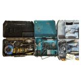 DEWALT DW402 4-1/2" ANGLE GRINDER W/ WIRE WHEELS AND GRINDING DISCS, MAKITA 60930 ELECTRIC DRILL, RYOBI S651D ELECTRIC PALM SANDER W/ HARD PLASTIC CASES - ALL UNTESTED