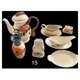 9-PIECE ASSORTMENT OF CERAMIC SERVING AND DECORATIVE ITEMS TO INCLUDE CROWN MANOR HANDPAINTED STONEWARE JAPAN GRAVY BOAT W/ UNDERPLATE, PRAIRIE BY PADEN BONE ASH GLAZE B-56 PINECONE GRAVY BOAT W/ UNDE