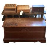 CEDAR CHEST AS-FOUND, WOODEN SIDE TABLE AS-FOUND, WOODEN JEWELRY BOX, 2 WOODEN CHECKER/CHESS BOARDS