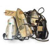 4 VINTAGE ELECTRIC IRONS: PROCTOR-SILEX, BLACK & DECKER, DOMINION FOLD-AWAY, GENERAL ELECTRIC