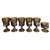 5 AMBER STEM GLASSES, MATCHING PEDESTAL GOBLET