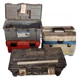 STANLEY TOOL BOX, PLANO TACKLE BOX, 2 OTHER PLASTIC TOOL BOXES W/ CONTENTS: SOCKETS, HAMMERS, WRENCHES, ETC