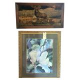 FLORAL PRINT BY "VERNON" APPROX. 34" X 27.75", ELK/STAG VELVET AND PLUSH TAPESTRY APPROX. 21.25" X 39.25"