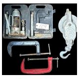 MACK 12-TON BOTTLE JACK, 2 8” C-CLAMPS (1 KING BRAND, 1 GRIP BRAND), SHERMAN & REILLY INC. CHATTANOOGA, TN 153-002 PULLEY