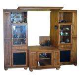 WOODEN ENTERTAINMENT CENTER W/ GLASS DISPLAY CABINETS, STORAGE CABINETS, DRAWERS, & SHELVING - APPROX. 80" TALL X 102" WIDE X 21" DEEP - MATCHES LOT #18