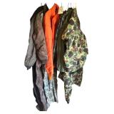 2 SIZE TALL 38 SEARS SNOW SUITS, LIBERTY CAMOUFLAGE OVERALLS, 2 UNIV. TENNESSEE JACKETS, 2 CAMOUFLAGE BLOUSES, OLIVE GREEN MILITARY BLOUSE, PAIR OF CAMOUFLAGE OVERALLS