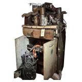 METAL SHOP CABINET AND PVC SHELF W/ CONTENTS TO INCLUDE TURNBUCKLES, BOAT HITCH, SMALL SHOP VACUUM AS-FOUND, TROLLING MOTOR (UNTESTED), ETC.