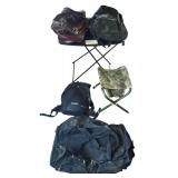 APOLLO DUFFEL BAG (AS-IS), OGIO BACKPACK, 2 OTHER BAGS, FOLDING CAMO STOOL, & FOLDING LUGGAGE RACK