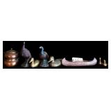 COPPER POT W/ WARMER, 2 TURKEY FIGURES, 5 BRASS DUCKS, SMALL DECORATIVE CANOE