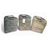3 VINTAGE METAL MILITARY STYLE GASOLINE CANS
