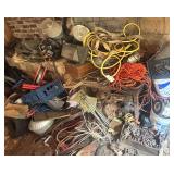 TOW STRAPS, EXTENSION CORD, DROP CORD HANDHELD LIGHT, OTHER LIGHTING, LARGER METAL PULLEY, AND OTHER ASSORTED ITEMS
