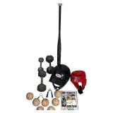 ASSORTED SPORTING GOODS LOT TO INCLUDE VINTAGE ALUMINUM BASEBALL BAT, SOFTBALLS, 25 LB. & 10 LB. DUMBBELLS, BELL DIRT BIKE HELMET, MARTIAL ARTS HEADWEAR, HAND GRIPS, 1992 TUFF RACING PRODUCTS CATALOG