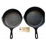 2 CAST IRON SKILLETS: 1 MARKED 6, 1 MARKED 9-3/4 INCH MADE IN USA