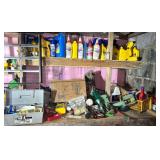 RELOADING EQUIPMENT, BRASS SHELLS, TUMBLER, VINTAGE WOODEN ADVERTISING BOX, PARTIAL BOTTLES OF SAE 25W-50 MOTOR OIL, LUCAS HEAVY DUTY OIL STABILIZER, GUNK STARTING FLUID, BRAKE FLUID, 24” JIMMY BAR,