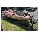 EBBTIDE DYNA-TRAK 176 FIBERGLASS FISHING BOAT W/ MERCURY 200 HP OUTBOARD MOTOR AND TRAILER - EXTERIOR SHOWING WEAR AND WEATHERING