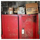 RED METAL 2-DOOR SHOP CABINET W/ 4 GEAR PULLERS AND OTHER CONTENTS