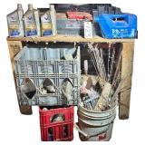 CRAFTSMAN 6-1/8” JOINTER PLANER, APPROX. 15 PARTIALLY FULL BOTTLES OF VALVOLINE ENGINE TREATMENT, MITER BOX, DELO 400 HEAVY DUTY MOTOR OIL, 2 PLASTIC CRATES TO INCLUDE 1 COCA-COLA