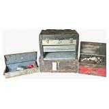 3 VINTAGE METAL TOOL BOXES, PLASTIC AND METAL 2-DRAWER TOOL BOX