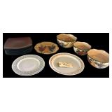 ASSORTED DINNERWARE LOT TO INCLUDE HOME TRENDS FRUIT PATTERN NESTING BOWLS W/ MATCHING PLATE, SET OF SQUARE DINNER PLATES, MAINSTAYS PLATE, IMPERIAL CHINA PLATE, AND OTHER ASSORTED PLATES; SOME CHIPPE