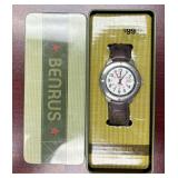 PRE-OWNED BENRUS MILITARY STYLE QUARTZ WATCH, WORKING, IN METAL BOX