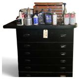 BLACK 6-DRAWER SHOP CABINET W/ DIVIDED DRAWERS - CONTENTS TO INCLUDE SPARK PLUGS, SEA FOAM, CRAFTSMAN PNEUMATIC PAINT SPRAYER, 4-DRAWER METAL TOOL BOX W/ CONTENTS, ATV OIL, POWER STEERING FLUID, ETC.