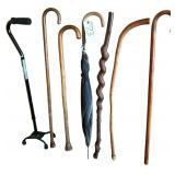 5 WOODEN WALKING CANES, METALLIC WALKING CANE, WOODEN HANDLE UMBRELLA