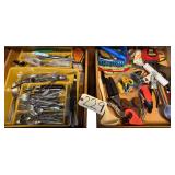 STANLEY 30’ MEASURING TAPE, FLASHLIGHT, CAN OPENER, CHIP CLIPS, SCREWDRIVER, FOOD HATCHET, FLATWARE, ETC.