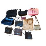 8 ASSORTED PURSES AND HANDBAGS TO INCLUDE SAG HARBOR, NEW DIRECTIONS, CARIBBEAN JOE, AND OTHERS; VILLAGER POCKETBOOK; LAPTOP CASE