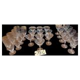 28 TIFFIN FRANCISCAN CRYSTAL LYNDLEY PATTERN (PLATINUM TRIM) GLASSES: 9 FOOTED GOBLETS, 9 WINE STEM GLASSES, 10 MARTINI STEM GLASSES; 5 OTHER STEM GLASSES