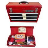 METAL CRAFTSMAN 3-DRAWER STACK-ON TOOL BOX W/ CONTENTS, METAL STACK-ON 15” GADGET BOX W/ CONTENTS: TOWING BALL, SCREWDRIVERS, SOCKETS, ETC.