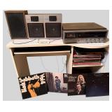 VINTAGE LLOYD’S TURNTABLE W/ 2 LLOYD’S SPEAKERS AND ASSORTMENT OF RECORDS TO INCLUDE BLACK SABBATH, BILLY JOEL, JACK GREENE, WILLIE NELSON; OTHER VINTAGE SPEAKER; WHITE COMPUTER DESK