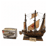 WOODEN “SANTA MARIA” MODEL SHIP APPROX. 20.5” TALL X 19” LONG; AMT 1968 SHELBY GT-500 MODEL CAR