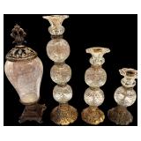 SET OF DECORATIVE GLASS CANDLE HOLDERS W/ STACKED GLASS SPHERES AND ORNATE METAL BASES; GLASS LIDDED DISH W/ ORNATE METAL BASE