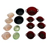 6 RUBY FLASH HANDLED NAPPIES, RUBY FLASH HANDLED BOWL, 2 COBALT BLUE BOWLS, 2 GREEN DEPRESSION GLASS RAMEKINS, 4 PINK DEPRESSION GLASS HANDLED NAPPIES