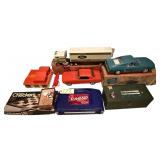 WOODEN CHECKERS SET, PEG GAME, SCRABBLE DELUXE EDITION, SMALL WOODEN KEEPSAKE BOX, VINTAGE PLASTIC TOY FORD MUSTANG, OTHER PLASTIC TOY CAR, HESCO TOY FORD 18 WHEELER