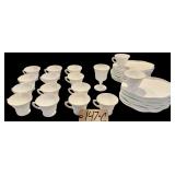 31 PIECES OF VINTAGE INDIANA GLASS COLONY HARVEST WHITE MILK GLASS (EMBOSSED GRAPE CLUSTER AND LEAF PATTERN): 15 SNACK PLATES W/ SCALLOPED EDGES, 15 CUPS, 1 GOBLET