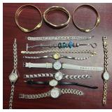 FASHION JEWELRY LOT: 3 GOLD TONE BANGLE BRACELETS, TWO SILVER TONE BRACELETS, 7 FASHION WATCHES