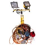 EXTENSION CORDS W/ RETRACTABLE REELS, 3 HANGING/HANDHELD SHOP LIGHTS, DUAL WORK LIGHT