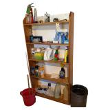 5-SHELF WOODEN BOOKSHELF W/ ASSORTMENT OF CLEANING SUPPLIES