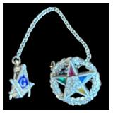 SMALL MASONIC AND EASTERN STAR PIN WITH CHAIN, 14K WHITE GOLD WITH COLORED STONES, 2.2 GRAMS INCLUDING STONES