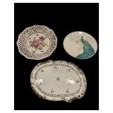 GOLD TRIM SERVING PLATTER, SCHUMANN DECORATOR PLATE, PEACOCK THEME DECORATOR PLATE
