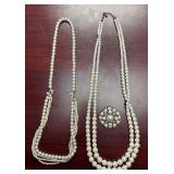 VINTAGE MULTI-STRAND FAUX PEARL NECKLACE FEATURING A HOOK-AND-EYE STYLE CLASP, VINTAGE DOUBLE-STRAND FAUX PEARL NECKLACE FEATURING AN ORNATE, RHINESTONE-ACCENTED CLUSTER BROOCH OR  COULD BE USED AS 