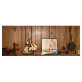 VINTAGE FIREPLACE POPCORN POPPER, PLANTER, WALL-HANGING CAR SCULPTURE, “DOS AMIGOS” MODEL SHIP, VINTAGE SCALE REPLICA, NAUTICAL/SAILBOAT WALL ART